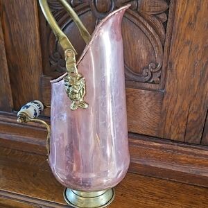 Elegant Vintage Copper and Brass Pitcher With Delft Handle 11 Inches Tall